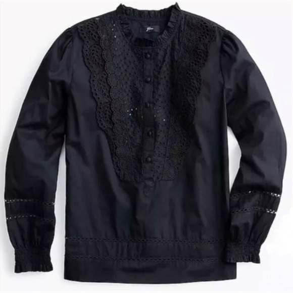 J crew black ruffle neck eyelet blouse